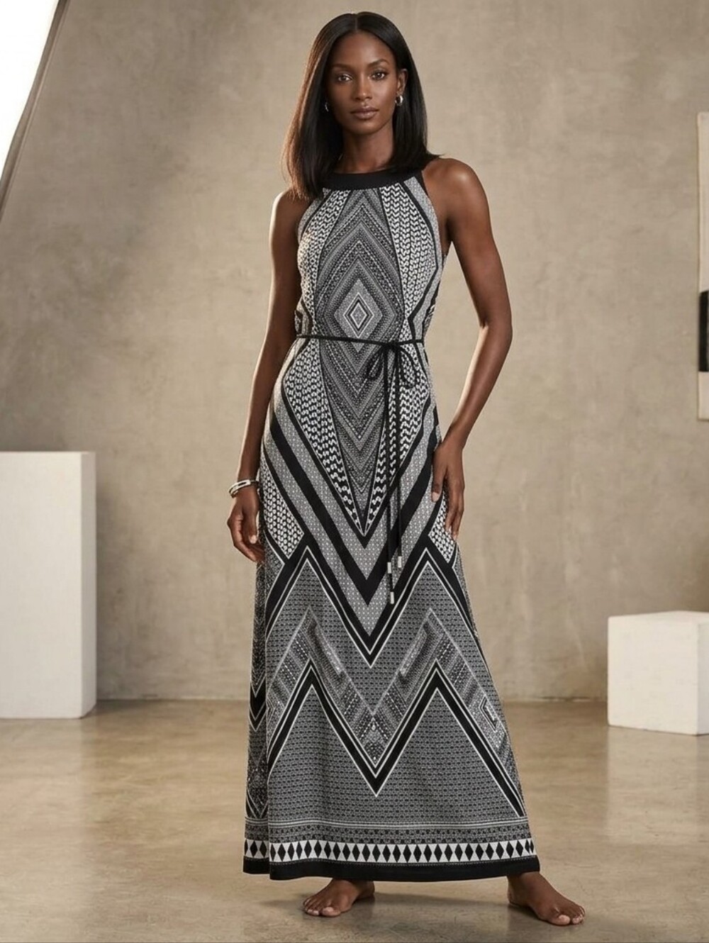 Cb established black and white aztec dress with string belt. Neckline with braid